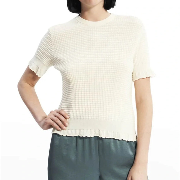 Theory Bristol Waffle Ruffle Trim Knit Top in Ivory - NWOT - Size Medium - Picture 1 of 8